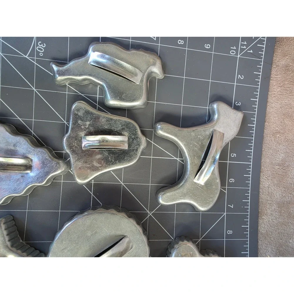 Vintage Aluminum Cookie Cutter Set 10pc Holiday Shapes Horse Tree Star Handles